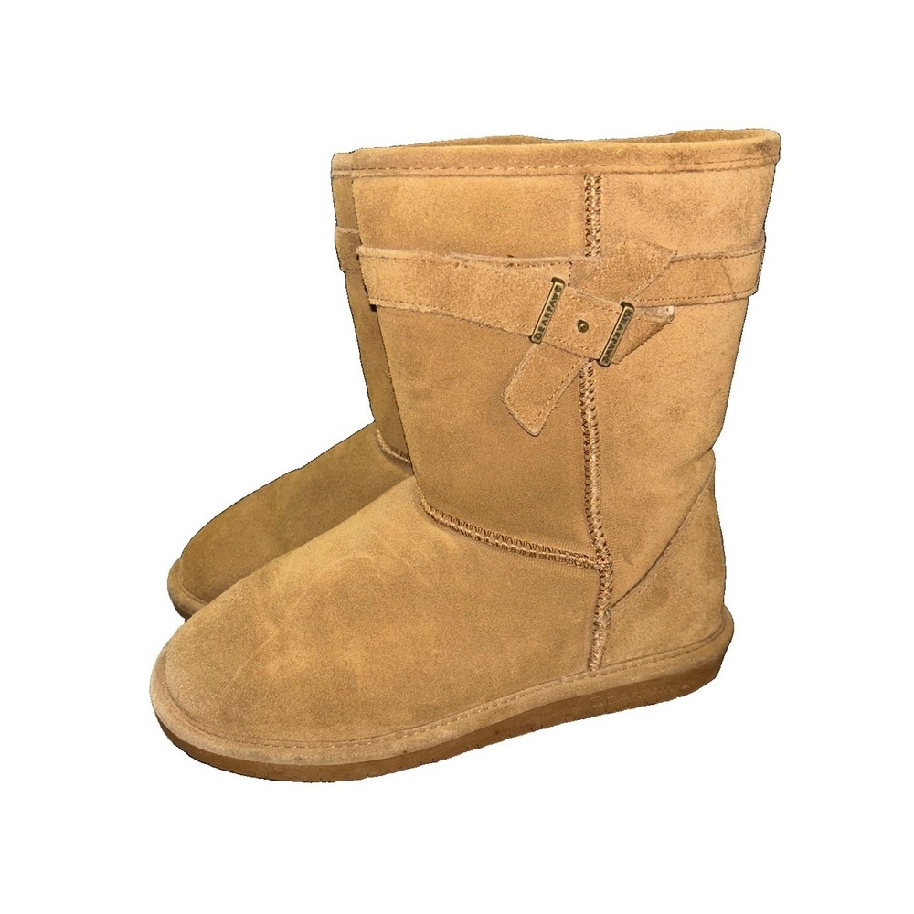 BEARPAW Val Women's 9 Suede Leather Boots Hickory Brown Mid Calf Buckle Outdoor
